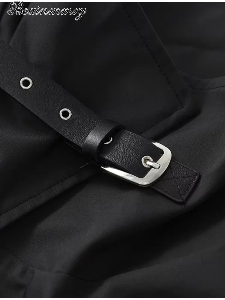 Women Black Long Solid Color Trench Coat Stand Collar Loose Drop Shoulder Single-breasted Windbreaker Lady Commute Outing Wear