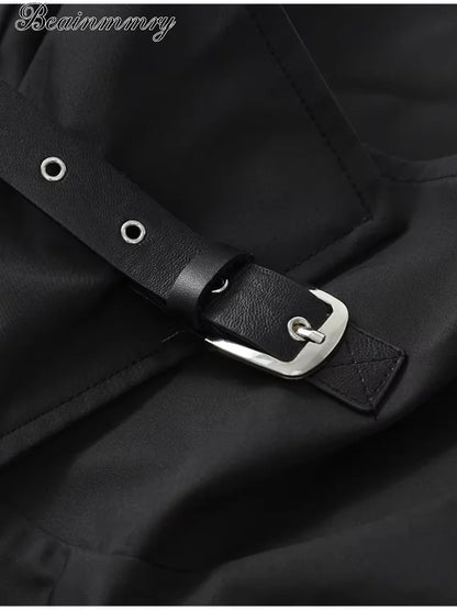 Women Black Long Solid Color Trench Coat Stand Collar Loose Drop Shoulder Single-breasted Windbreaker Lady Commute Outing Wear