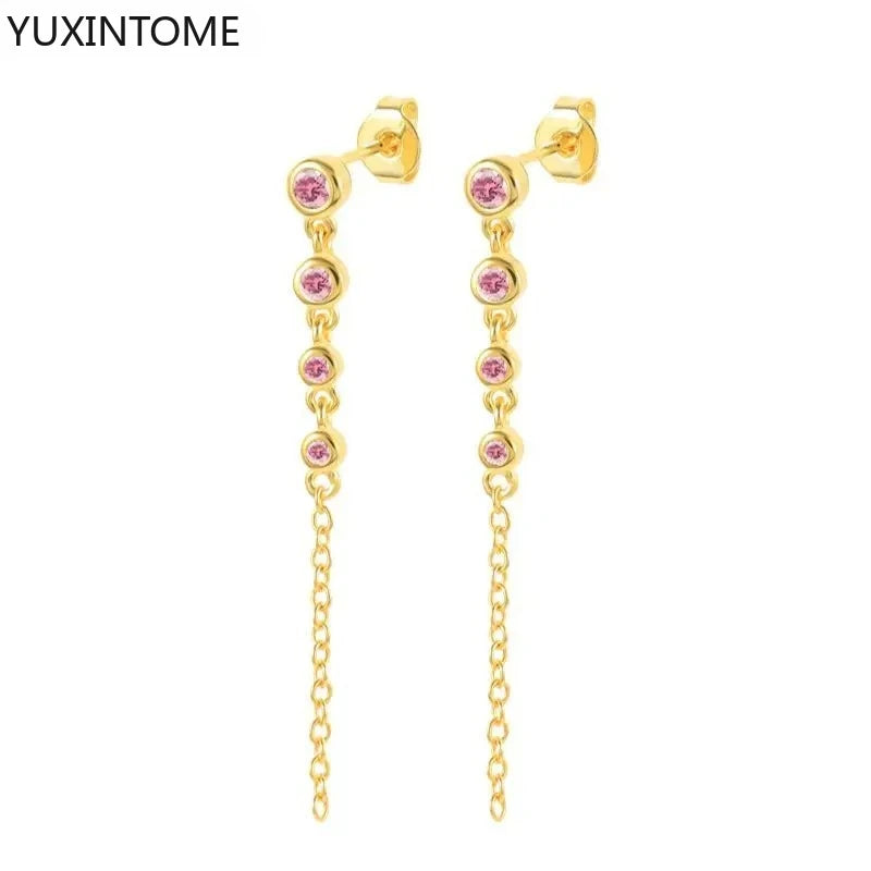925 Sterling Silver Needle Long Chain Stud Earrings For Women Exquisite Zircon Geometric Tassel Pendant Earrings Luxury Jewelry