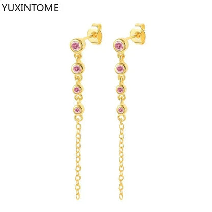925 Sterling Silver Needle Long Chain Stud Earrings For Women Exquisite Zircon Geometric Tassel Pendant Earrings Luxury Jewelry