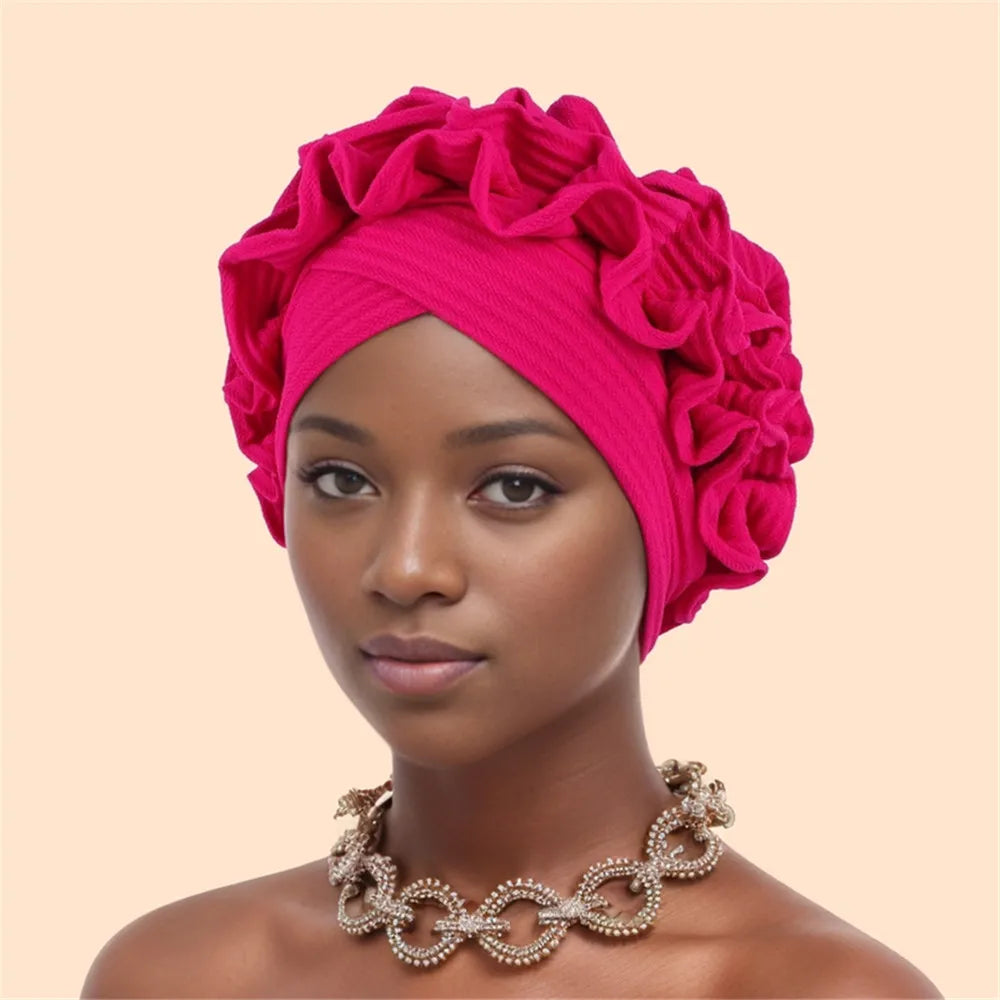 Ruffled Turban Cap Women's Head Wraps Soft Comfortable Headscarf Bonnet Lady Soild Color Headgear