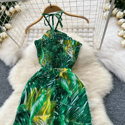 2024 New Summer Sexy Bohemian Leaf Print Jumpsuits Women Sleeveless Sexy Long Jumpsuit Mujer Casual Holiday Beach Rompers