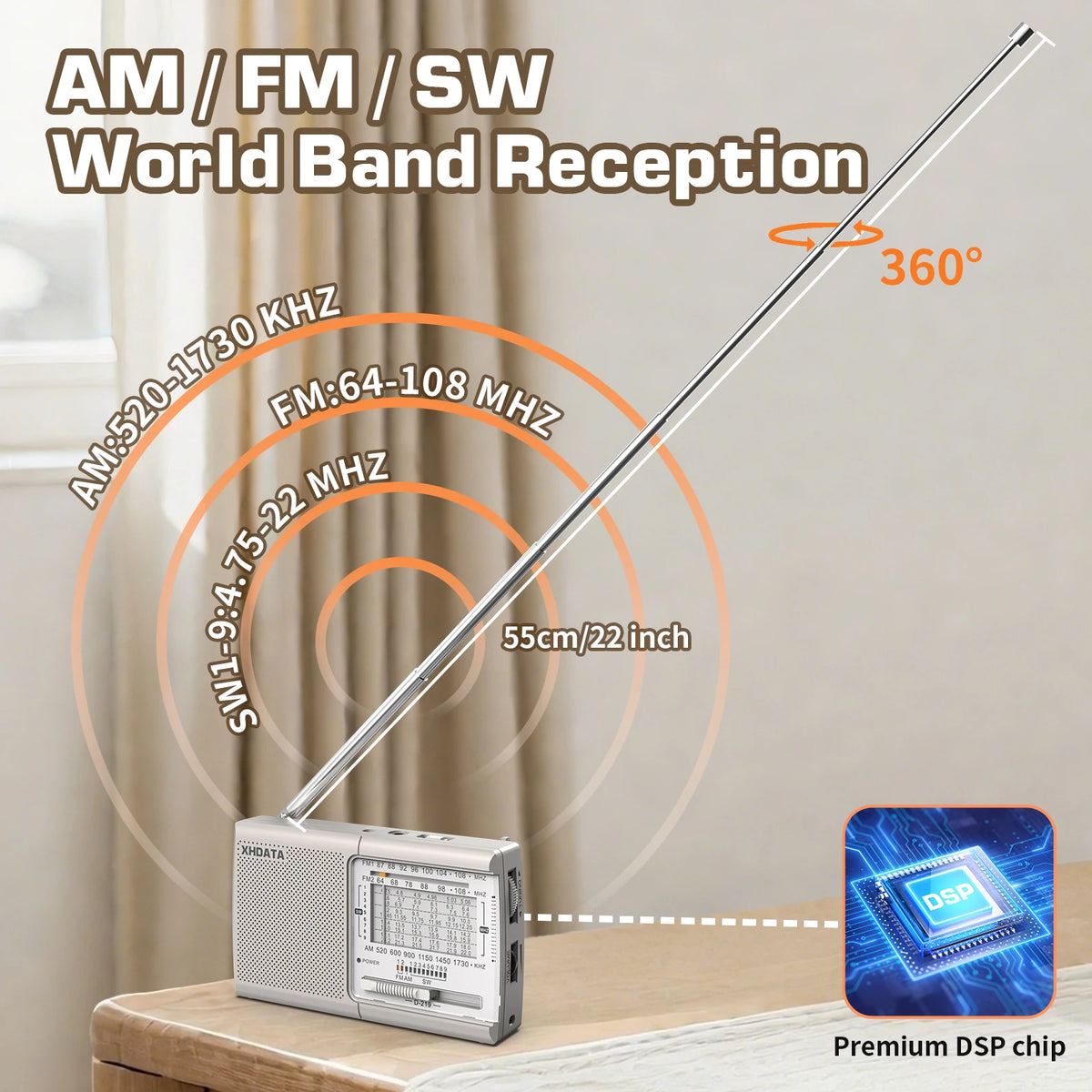 XHDATA D219 FM1-2/AM/SW1-9 11 Bands World Radio Receiver Fine Tuning Step High Sensitivity Pocket Size Walkman Digital Radio