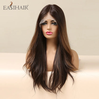 EASIHAIR Lace Front Hair Wigs Brown Long Straight Synthetic Lace Wigs for Black Women Daily Cosplay Party Heat Resistant Fibers