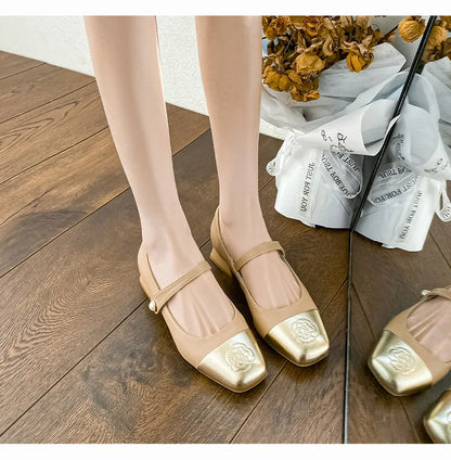 Fashion Mary Jane Women's Shoes 3cm Wide Heel Pumps Embroidered Flowers Pearl Buckle Strap Mary Jane Shoes Luxury Leather Heels