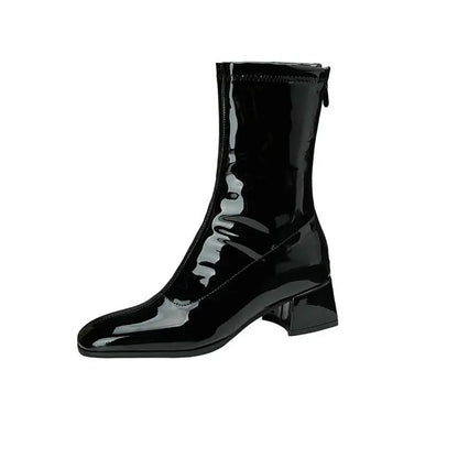 Black Thick Heel Short Boots For Women 4.5CM Fashion Back Zipper Autumn Winter Woman Shoes Square Toe Leisure Daily Ankle Boots