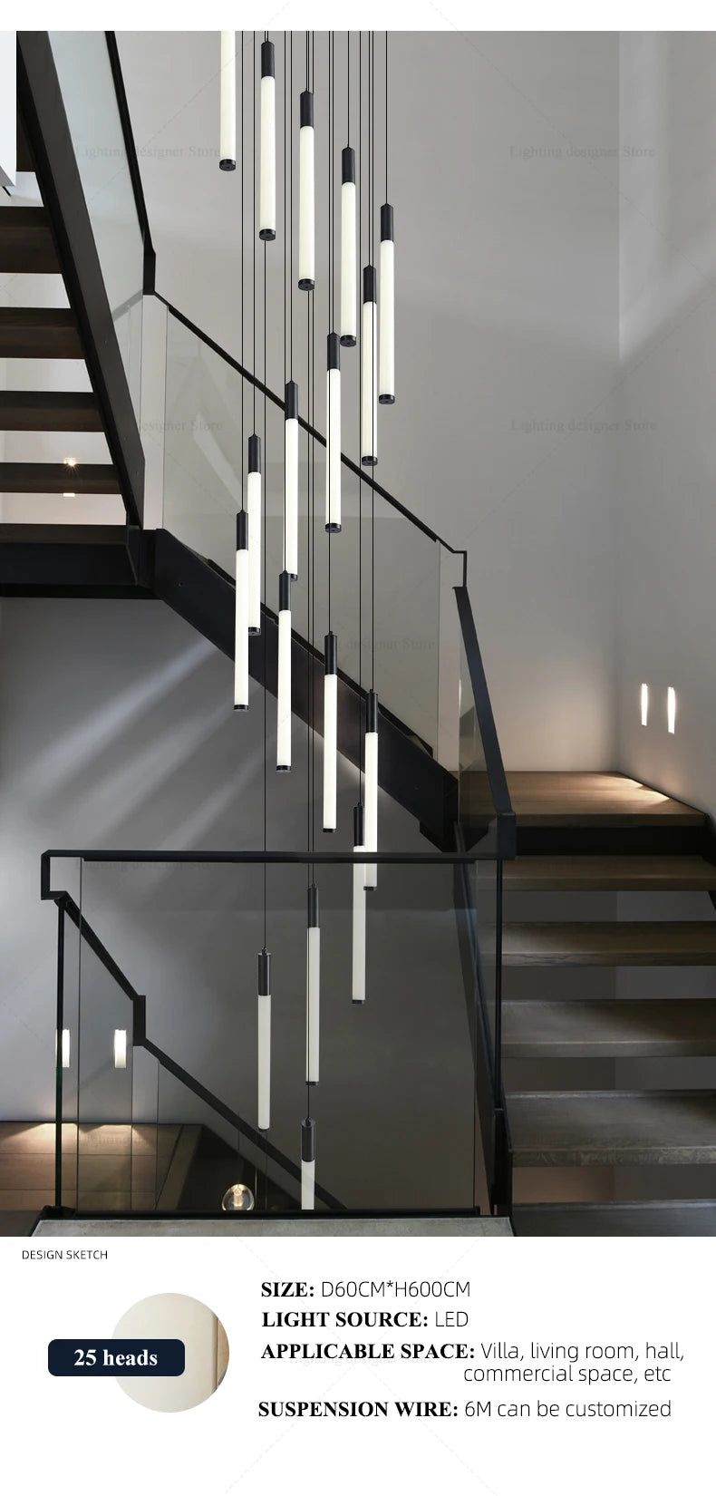 Modern Lighting Long Staircase Pendant Light Ceiling Chandelier hanging lights Stair Chandelier