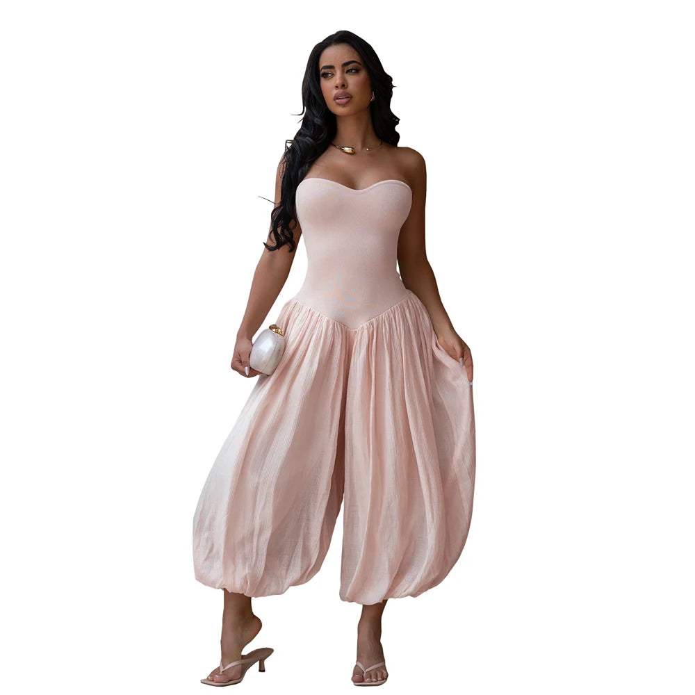 Summer Patchwork Cute and Sweet Pink Strapless Jumpsuits Midi Pants One Piece Rompers Slim Fit Women Ruched Party Jumpsuit