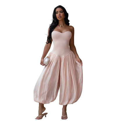 Summer Patchwork Cute and Sweet Pink Strapless Jumpsuits Midi Pants One Piece Rompers Slim Fit Women Ruched Party Jumpsuit