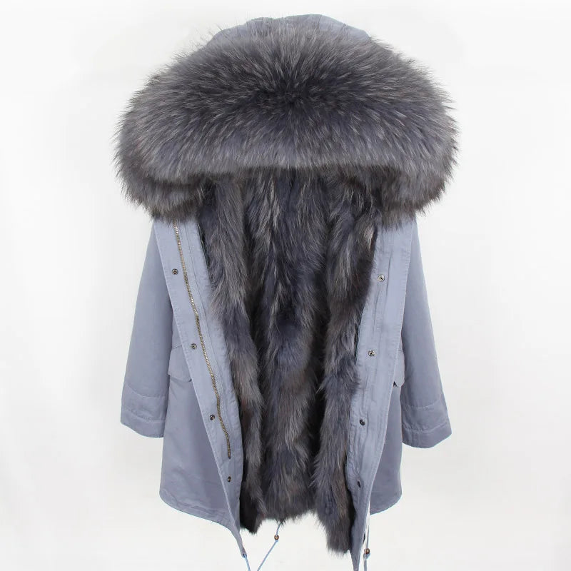 Maomaokong 2026 New Natural Fur Lining Real Fur Coat Winter Jacket Women Raccoon Fur Collar Warm Thick Parkas Female Clothing