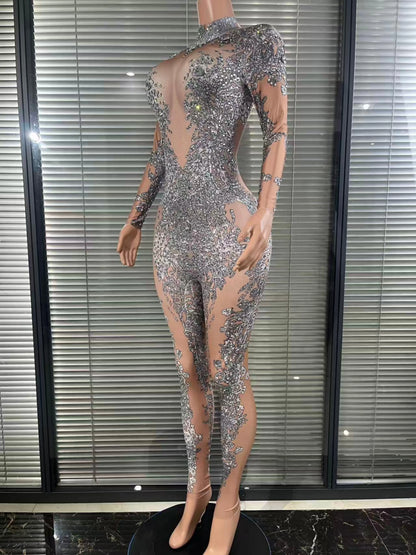 Sexy Luxury Fashion Long Sleeves Diamond Rompers Club Dance Stage Costumes Sexy Party Playsuits Women Rhinestones Jumpsuits