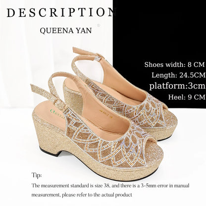 Queena Yan Sky Blue Elegant Nigerian Rhinestone Wedding Shoe and Bag Set Italian Inspired High Heels and Matching Handbag