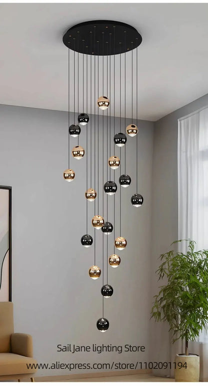Nordic Circular Chandelier Indoor Lighting Modern Chandelier Gold And Black Mixed High Loft Chandelier LED Staircase Chandelier