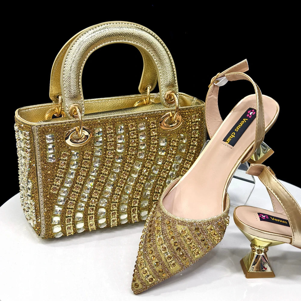 2025 Shiny Italian Fashion Pointed Toe Women Heel Fashion Rhinestone Decoration Fuchsia Color Shoes And Bag Set