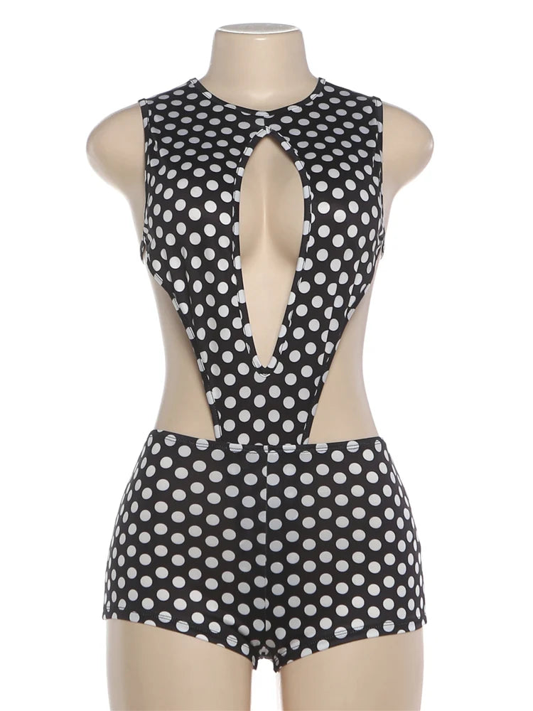 Weird Puss Polka Dot Sexy 2 Piece Set Women Side Split Sleeveless Bandage Bodysuit+Shorts Matching Hipster Party Clubwear Suits