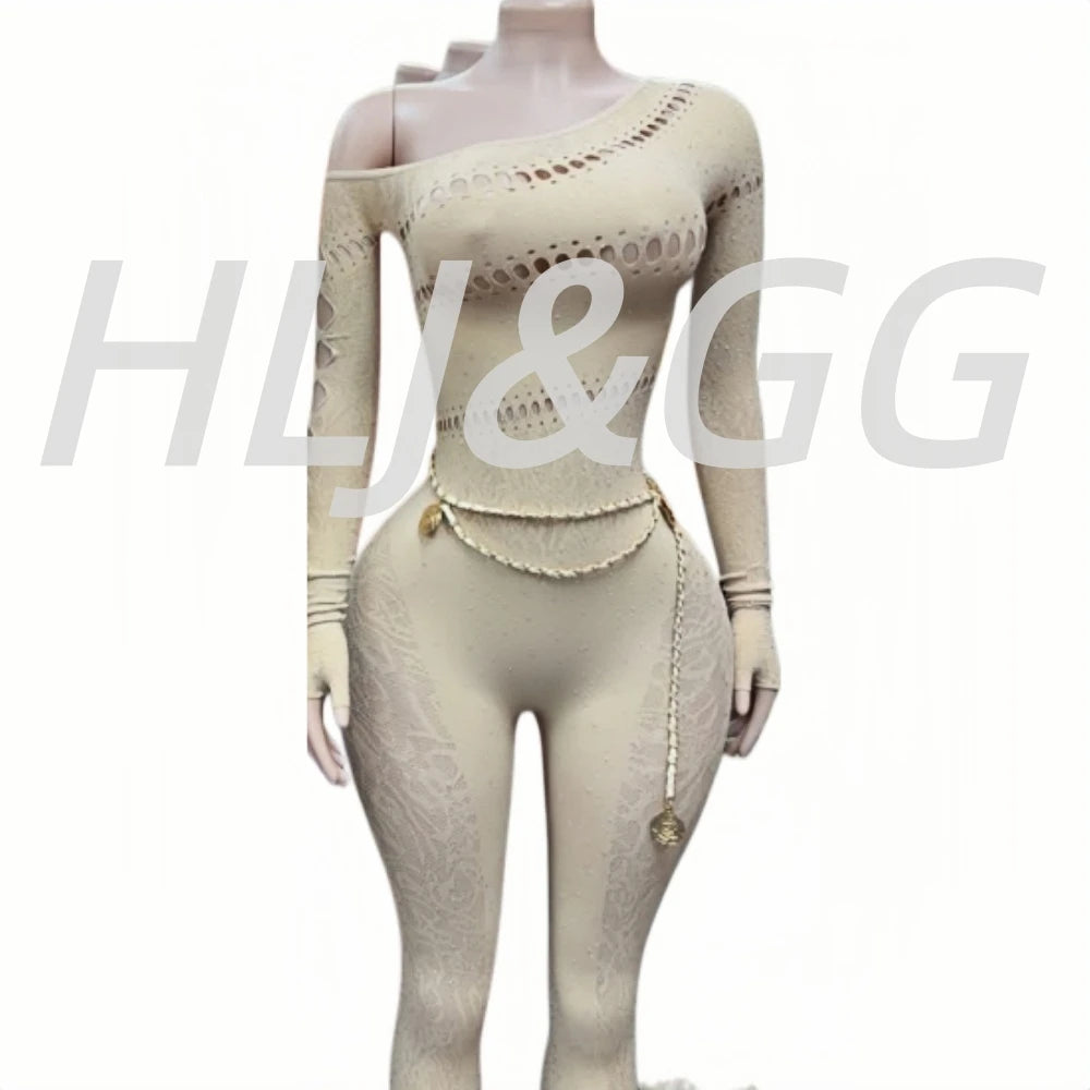 HLJ&GG Sexy Sparkling Rhinestone Hollow Bodycon One Piece Jumpsuits Women One Shoulder Long Sleeve Slim Playsuit With Chain 2025