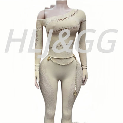 HLJ&GG Sexy Sparkling Rhinestone Hollow Bodycon One Piece Jumpsuits Women One Shoulder Long Sleeve Slim Playsuit With Chain 2025