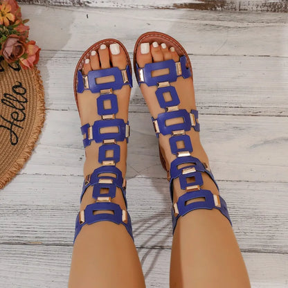 2026 Summer Luxury Round Toe PU Women's Sandals Fashionable Flat Casual Beach Shoes Stylish Metallic Decoration Women's Sandals