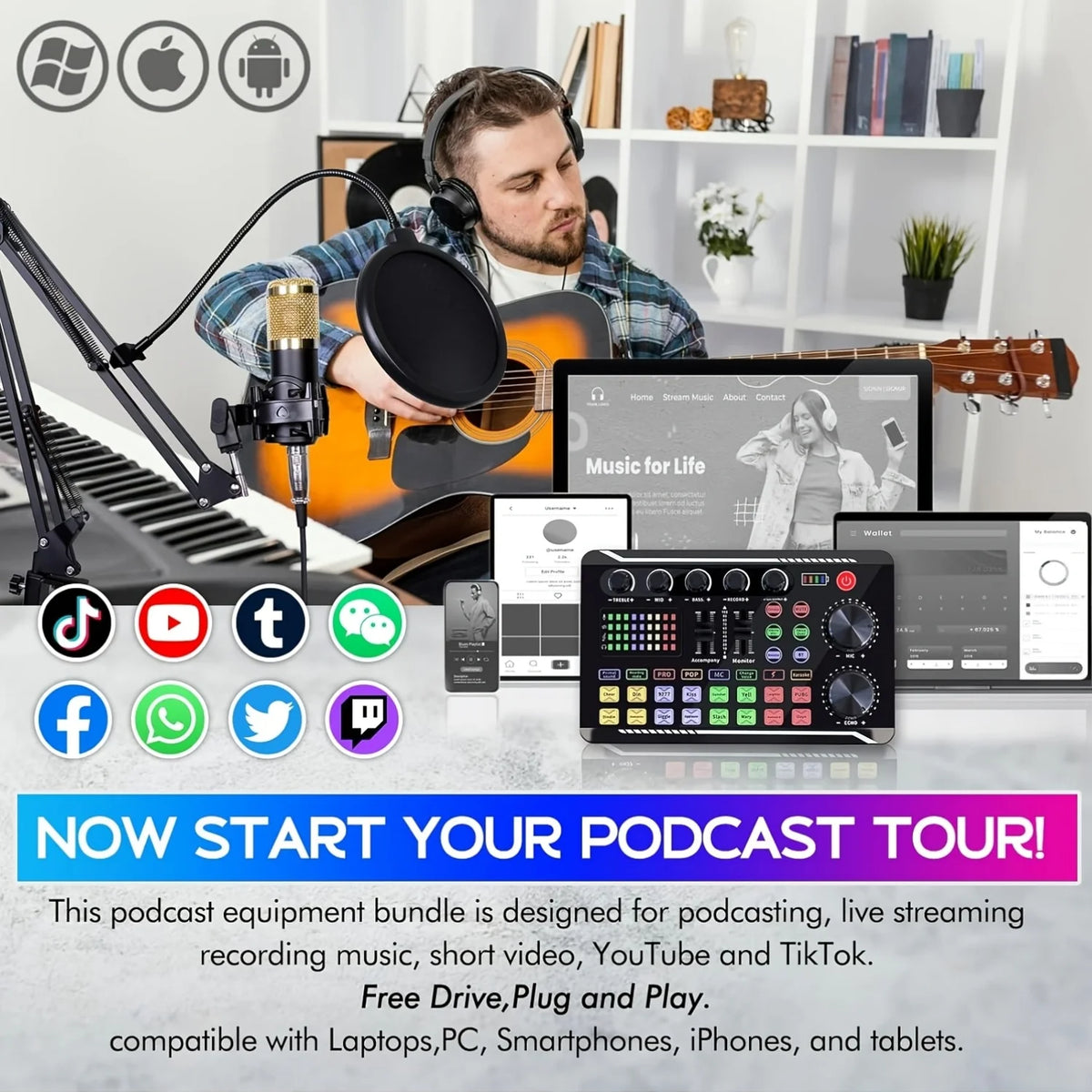 Podcast equipment set, with BM-800microphone (gold)and F998 sound card,podcast equipment forpodcasting,singing, gaming and live streamingstudioequipment