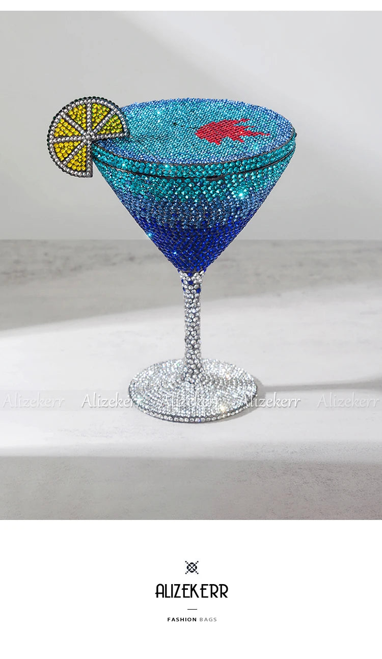 Alizekerr Cocktail Glass Shaped Rhinestone Evening Bags Luxury Designer Gorgeous Crystal Metal Purses And Handbags Wedding Party