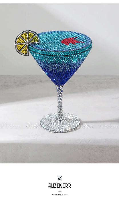 Alizekerr Cocktail Glass Shaped Rhinestone Evening Bags Luxury Designer Gorgeous Crystal Metal Purses And Handbags Wedding Party