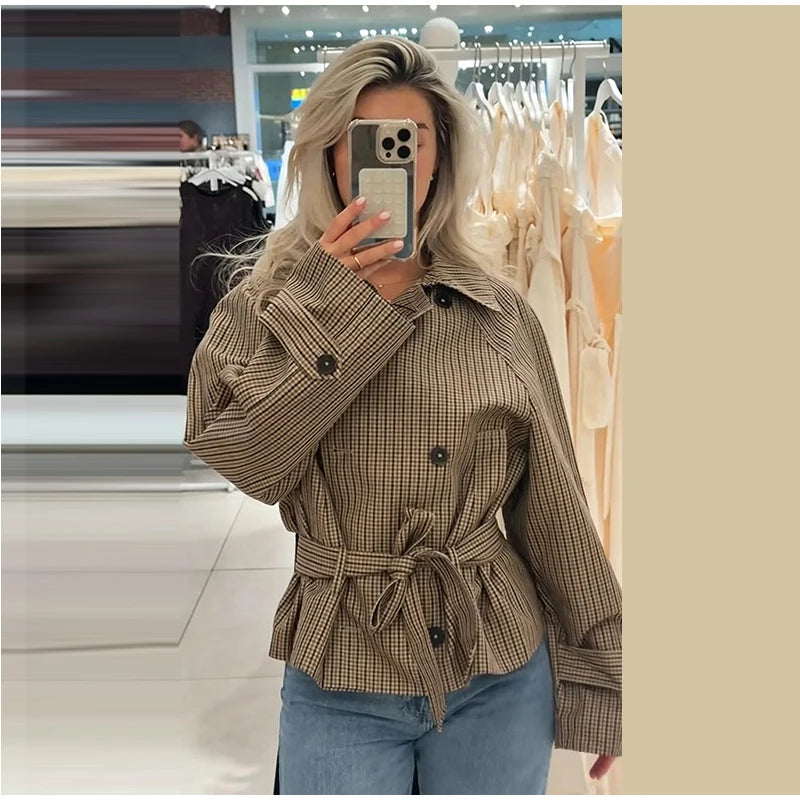 Plaid Cropped Trench Coat Lapel Collar Double Breasted Belted Waist Long Sleeve Women All-match Coats 2026 Autumn Commute Outfit
