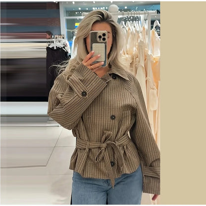 Plaid Cropped Trench Coat Lapel Collar Double Breasted Belted Waist Long Sleeve Women All-match Coats 2026 Autumn Commute Outfit