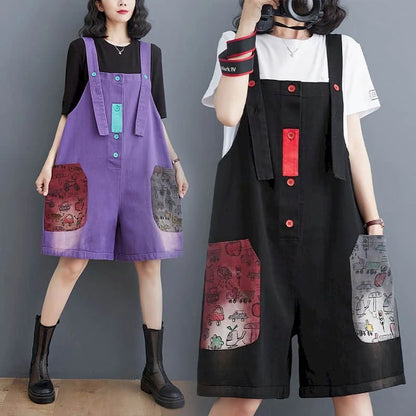 Denim Jumpsuits 2026 Summer Fabric Patch Pants Korean Style Wide Leg Shorts Loose Playsuits One Piece Outfits Women Clothing