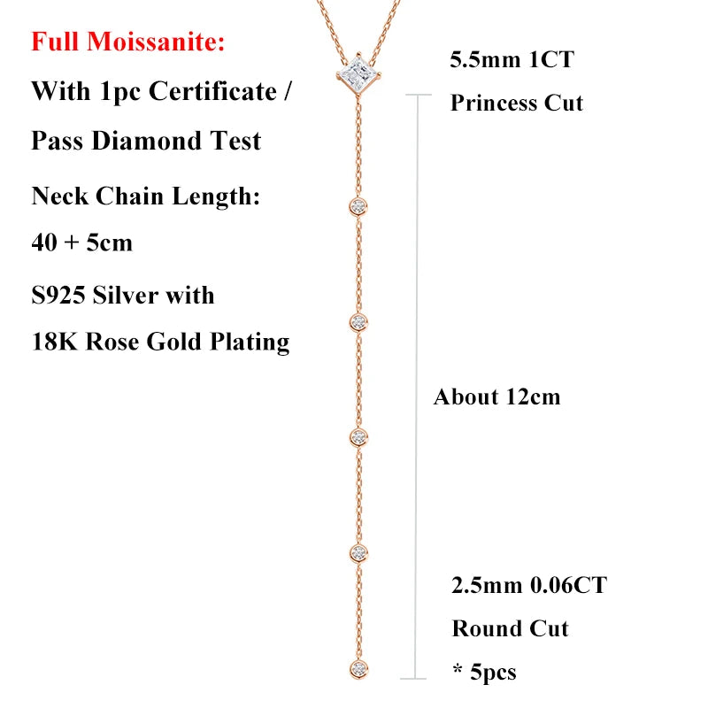 EWYA Y-Style 1CT Princess Cut Certified Moissanite Pendant Necklace Women S925 Silver All Diamond Dainty Tassel Neck Chain Gift