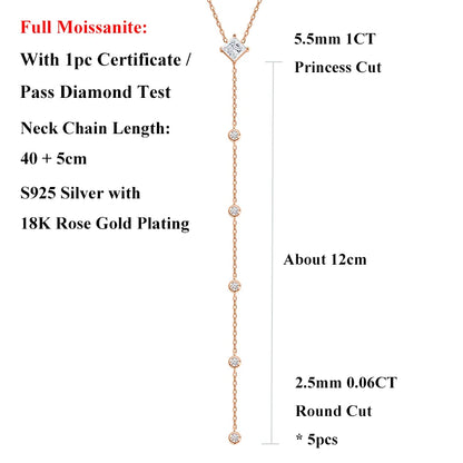EWYA Y-Style 1CT Princess Cut Certified Moissanite Pendant Necklace Women S925 Silver All Diamond Dainty Tassel Neck Chain Gift