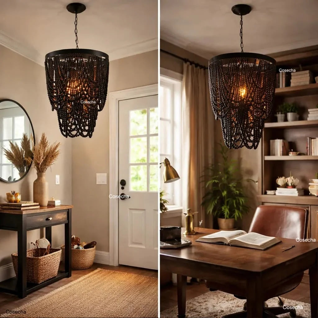 Black French Country Chandelier Large Hanging Lights Dia60 H65cm Living Room Boho Wood Bead Chandelier For Bedroom Dining Room