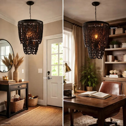 Black French Country Chandelier Large Hanging Lights Dia60 H65cm Living Room Boho Wood Bead Chandelier For Bedroom Dining Room