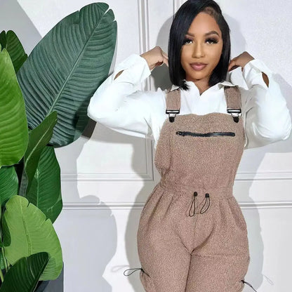 Lace Up Jumpsuit Women One Piece Jumpsuits Fur Rompers High Waist Spring Autumn Pants Mom Overalls Playsuits Elegant Pink