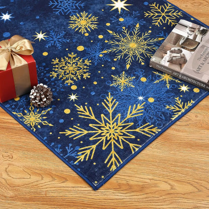 Garvee 2x6inch Christmas Washable Area Rug Non-Slip Area Rugs Soft Soft Fabric Blue Carpet with Snowflake Design for Holiday Home Decor Low Pile, Durable, Pet Friendly
