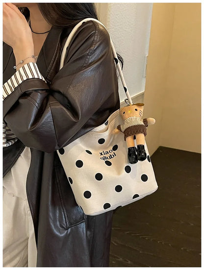 Korean Style Niche Linen Dot Shoulder Bag Women New Fashion Large Capacity Bucket Bag Casual Versatile Commuting Underarm Bag