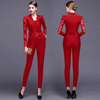Fashion Women Long Sleeve Sexy V Neck Wide Leg Rompers Belted High Waist Jumpsuits Long Office Ladies Outfits Jumpsuit Colors