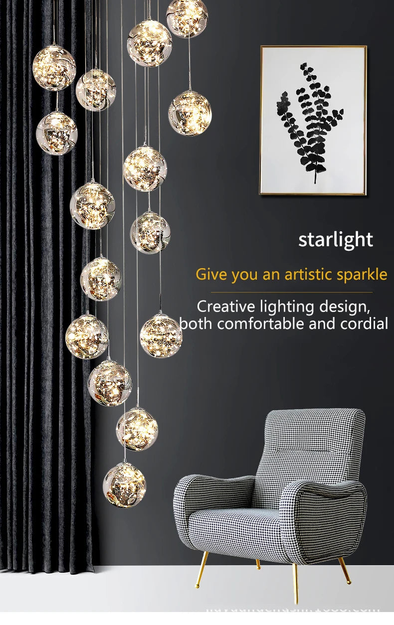 Modern LED Chandelier Glass Ball Dimmable Pendant Lamp for Staircase Living Room Home Decor Suspension Lighting Design Lusters