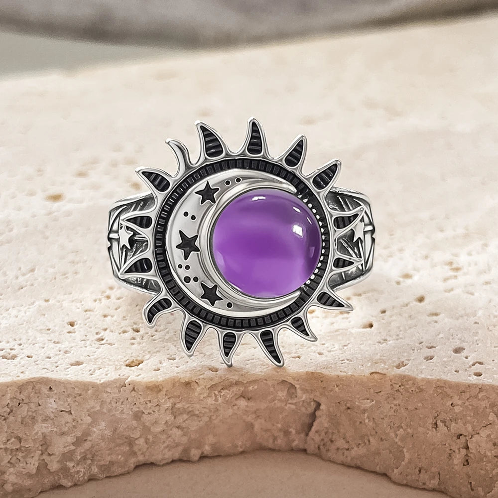 925 Sterling Silver Natural Moonstone Ring 8MM Bohemian Star Sun Moon Shape Ring Gothic Punk Style Party Gift for Women Men