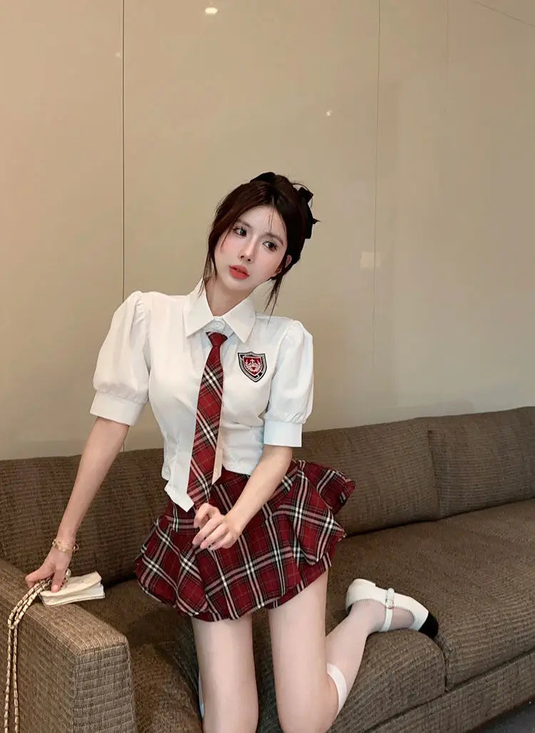 2025 improved cute sexy korea jk suit women autumn jk school uniform women shirt plaid pleated half skirt fashion two-piece set