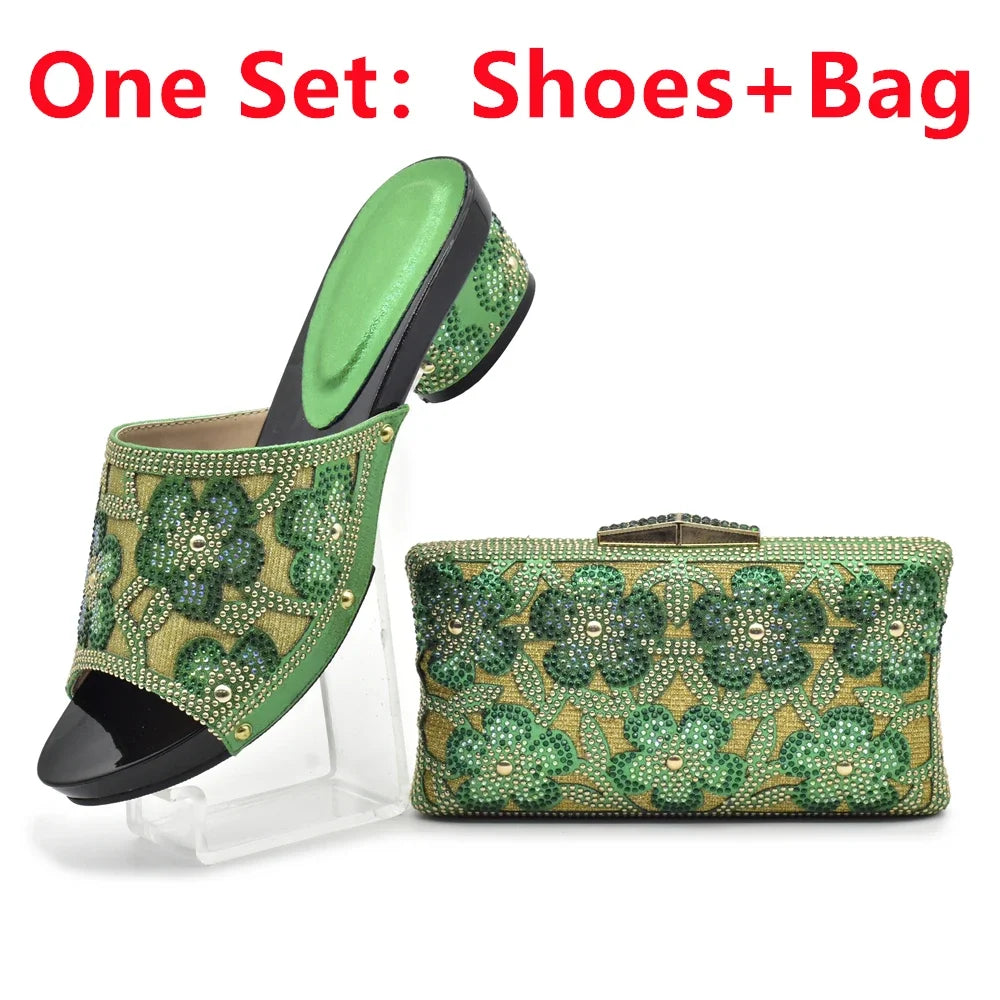 New Arrival Green Color Nigerian Shoes and Matching Bags Set Italian Ladies Shoes and Bags To Match Set Decorated with Rhinstone