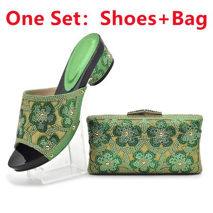New Arrival Green Color Nigerian Shoes and Matching Bags Set Italian Ladies Shoes and Bags To Match Set Decorated with Rhinstone