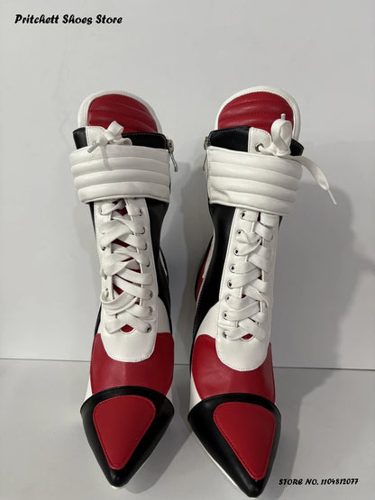 Women's Sports Style Stiletto Booties Patchwork Cross-tied Trending Ankle Boots Pointed Toe Thin Heels Side Zip Plus Size Shoes