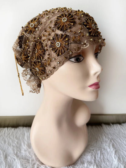 High Quality Lace handcrafted Beaded Turban Hat Female Head Wraps Caps Muslim Women Headscarf Bonnet Ready to Wear Inner Hijabs