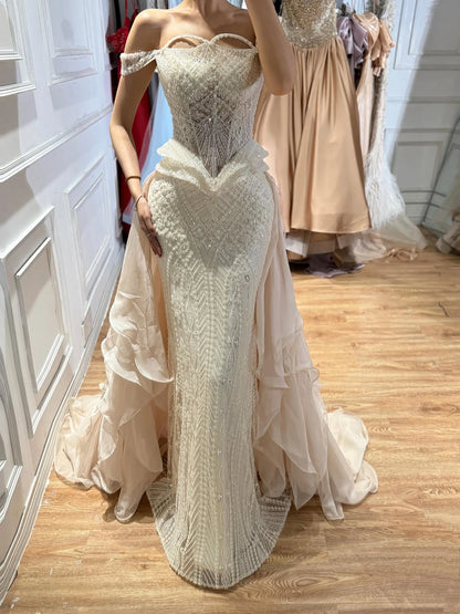 Serene Hill 2026 Luxury Nude Beaded Mermaid Evening Dress Elegant Gowns For Women Wedding Party Prom BLA73633 Customized