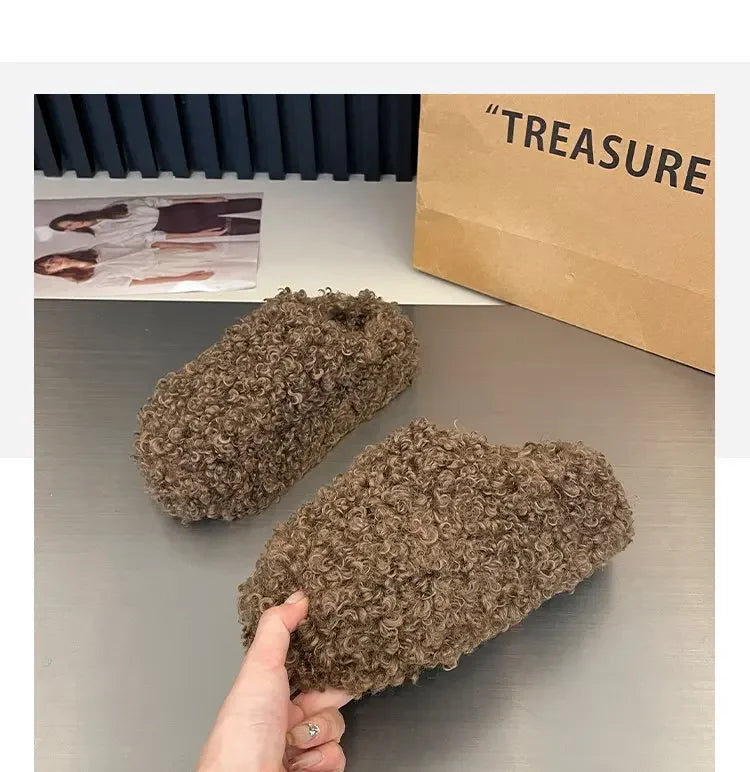 Thick Heel Luxury Lambwool Mules  Winter Shoes Woman Flip Flops Flat Cover Toe Slides Ins Warm Curly Lamb Fur Slippers Women