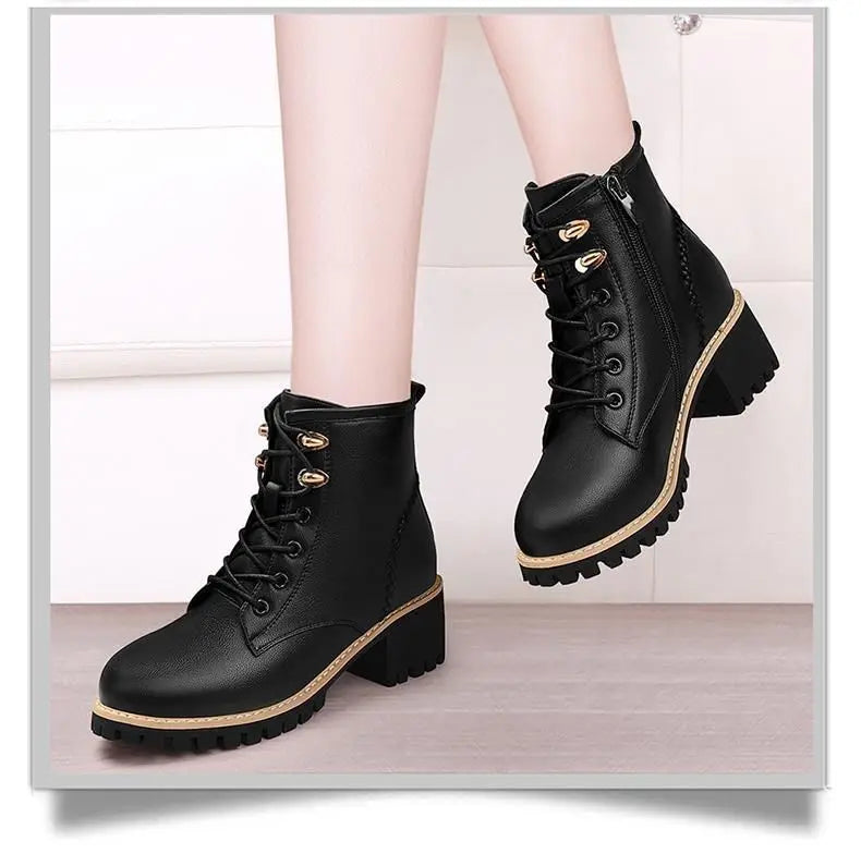 Women Shoes Boots Ankle 2022 New Autumn British Wind Genuine Leather Thick With Fur Ladies Short Boots Motorcycle heels boots
