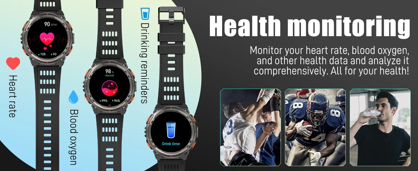 EIGIIS KE5 3ATM Waterproof Smart Watch for Men with LED Flashlight 1.45'' HD Rugged Smartwatch with 530mAh Big Battery