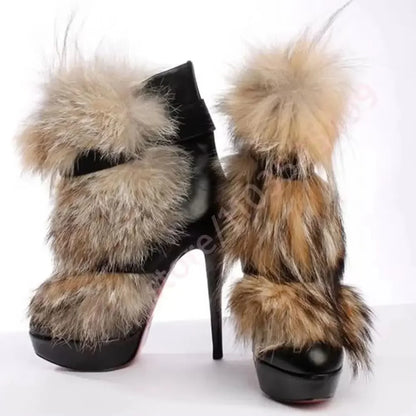 Winter Platform Belt Buckle Soft Fur Short Boots Fashion Show Party Casual Furry Boots New Sexy Women's Stiletto Warm Boots