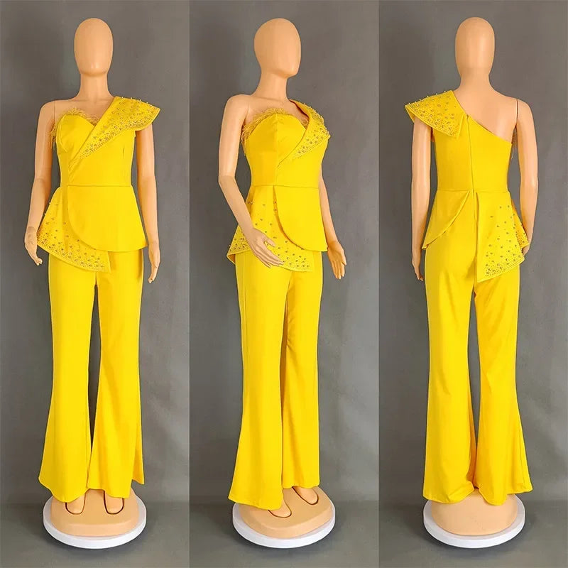 Women Jumpsuit One Shoulder Feather Diamond Peplum Party Fashion Female One Piece African Event Occasion Rompers New Summer 2024