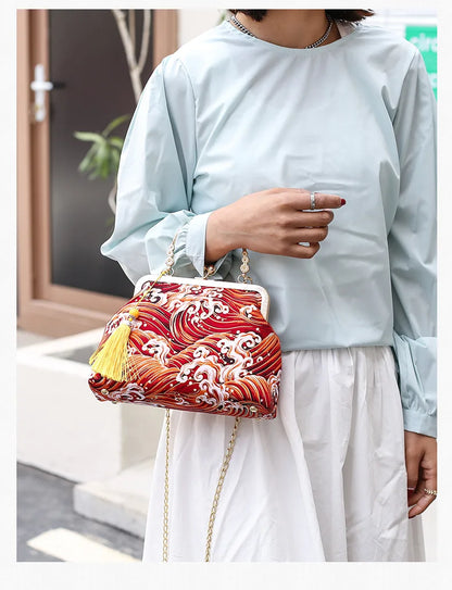 Fashion Vintage Fringe Bag Small Shell Bags Chain Women Shoulder Crossbody Bag Crane Flying Women's Handbags Purses Embroidery